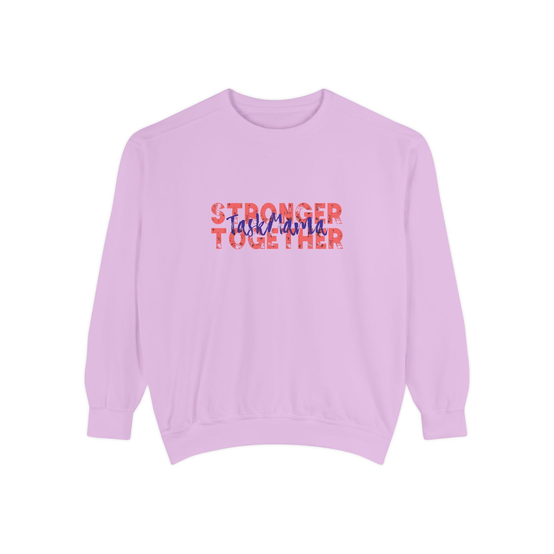 Purple sweatshirt with text 'Stronger Together' on a white background