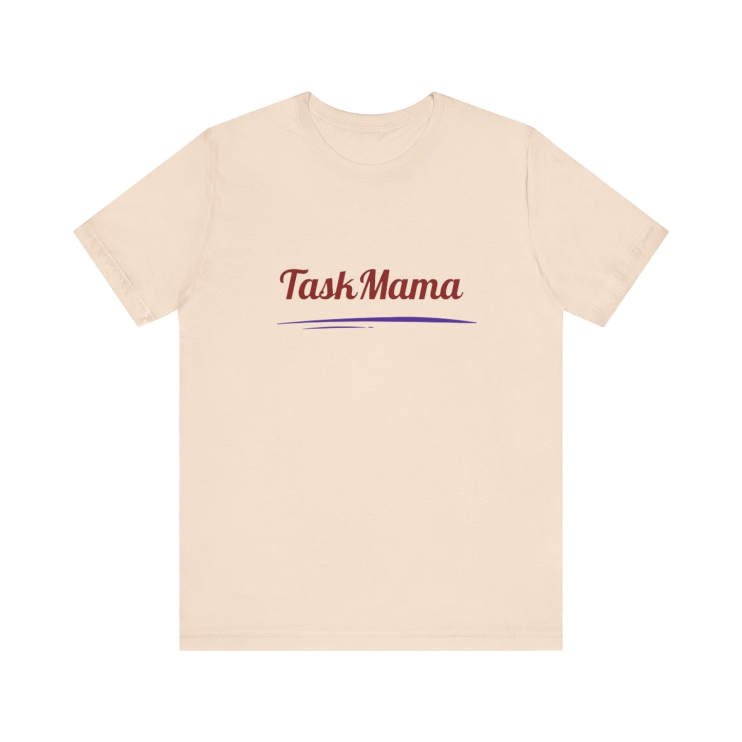 Beige t-shirt with 'Task Mama' text on a white background