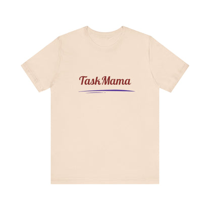 Beige t-shirt with 'Task Mama' text on a white background