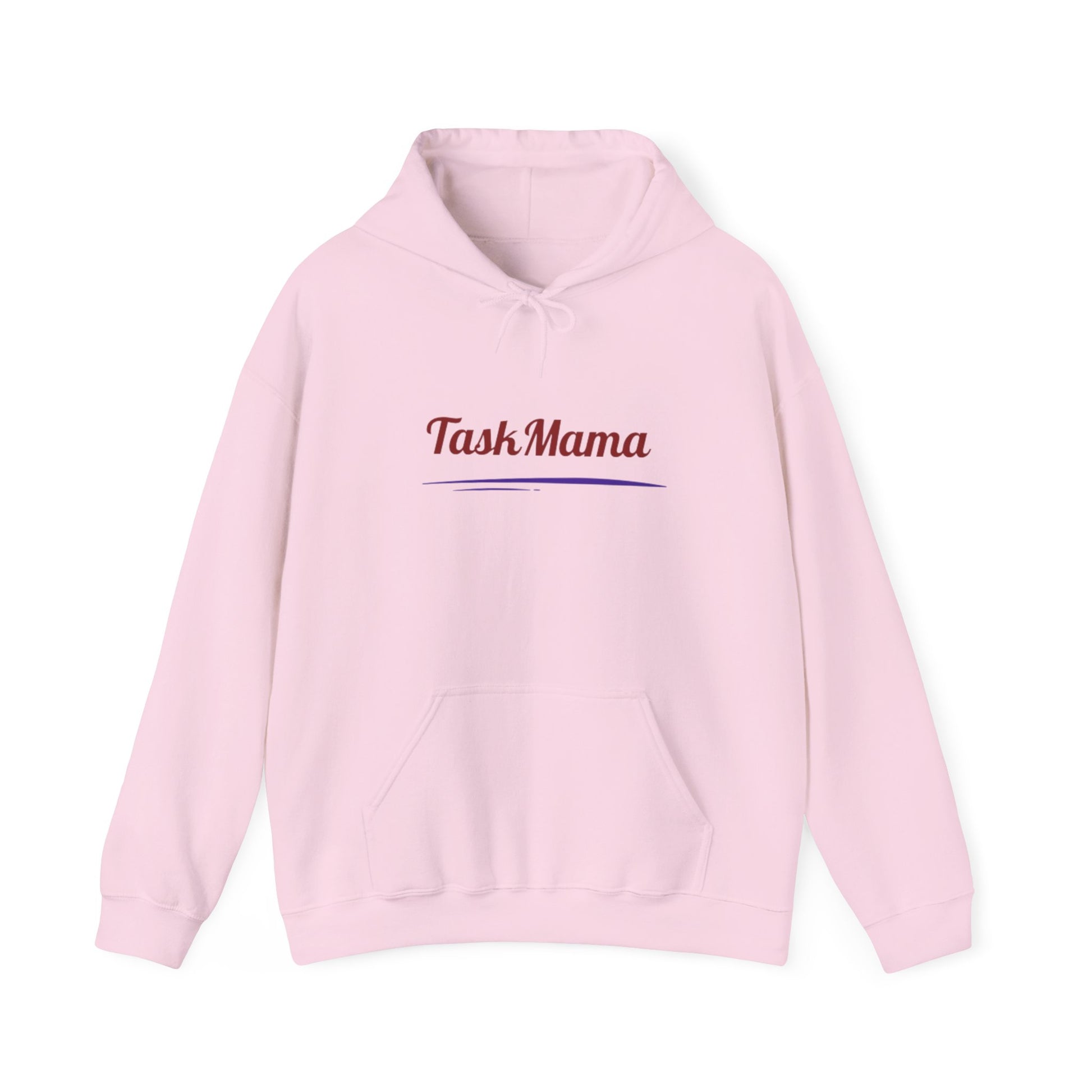 Pink hoodie with 'Task Mama' text on a white background