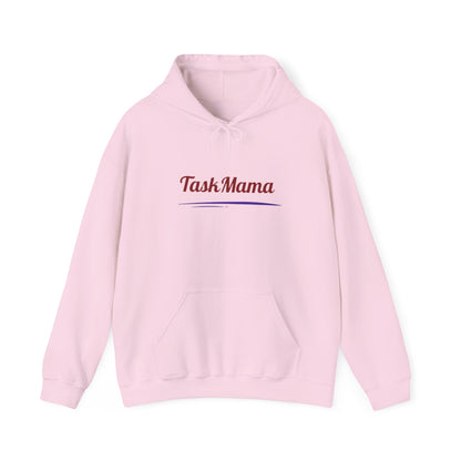 Pink hoodie with 'Task Mama' text on a white background