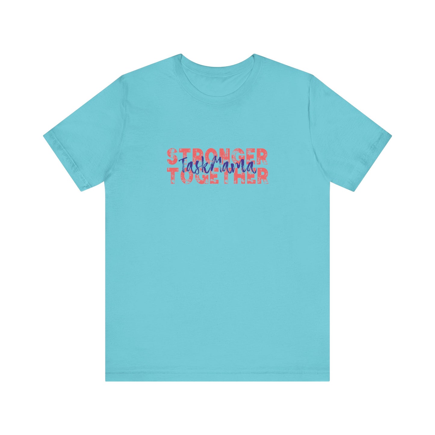 Light blue t-shirt with colorful text on a white background