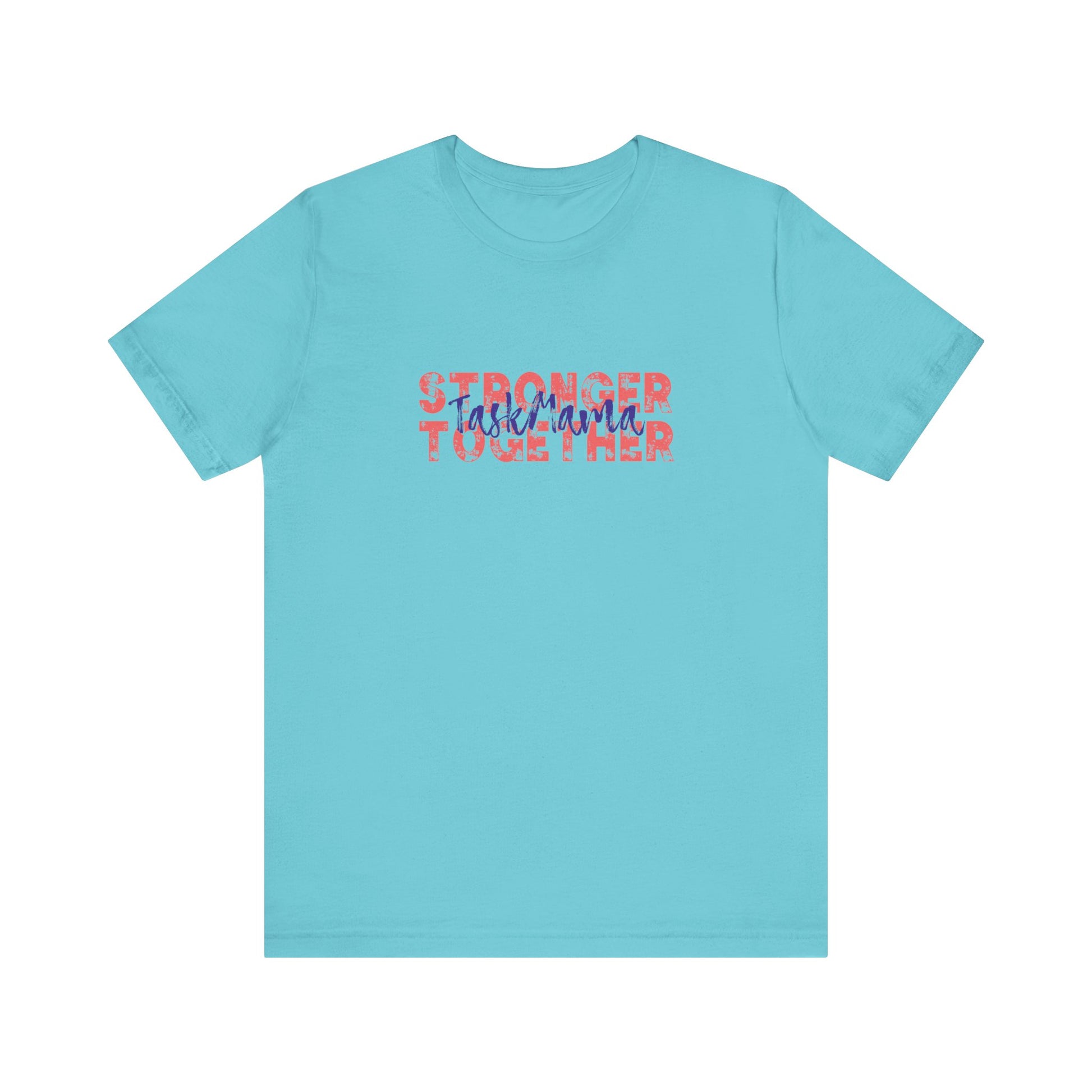 Light blue t-shirt with colorful text on a white background