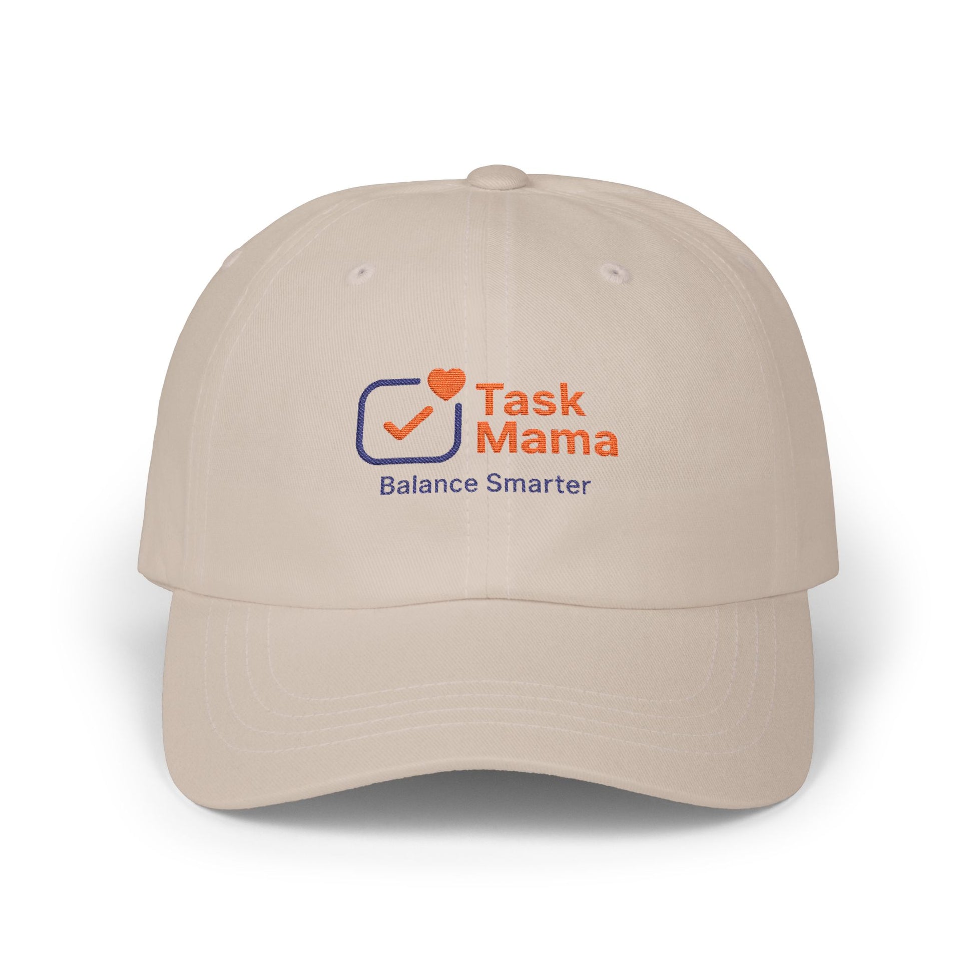 Beige cap with 'Task Mama' logo on a white background