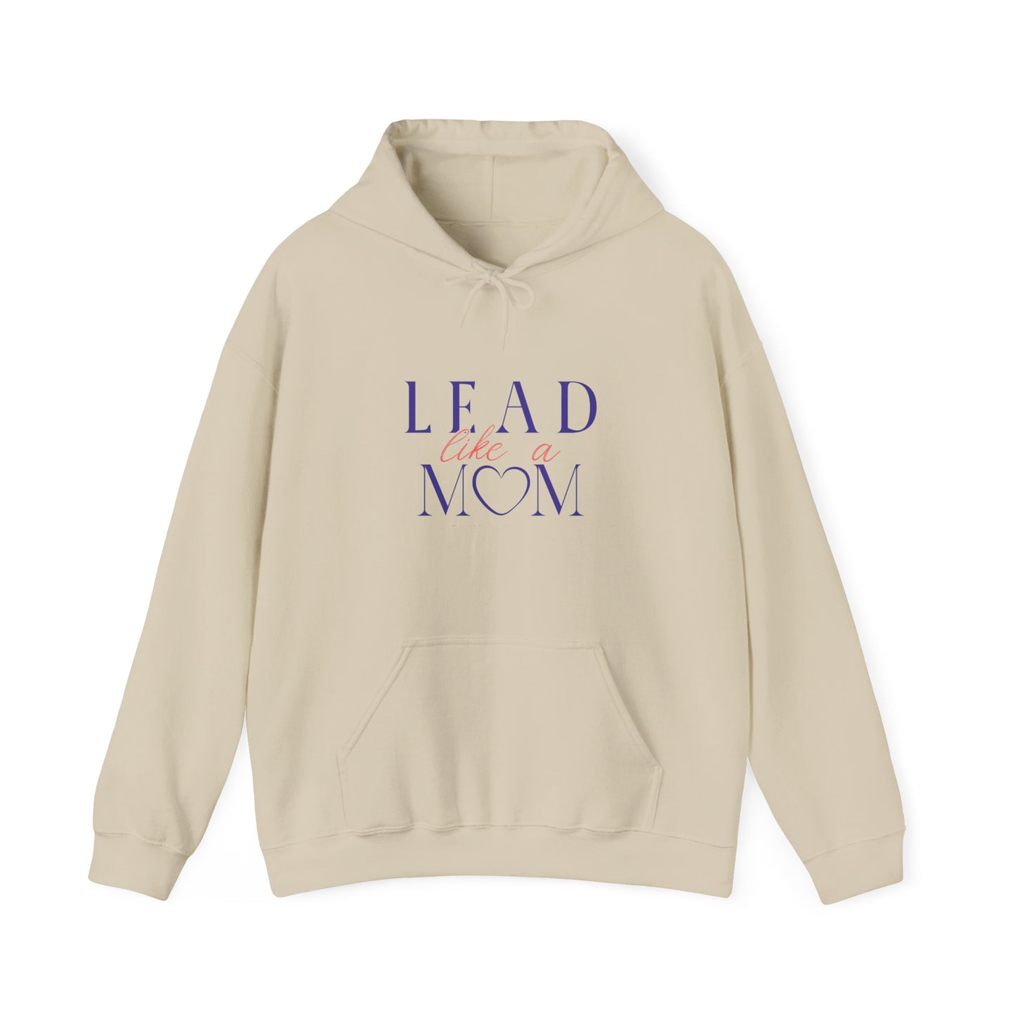 Beige hoodie with 'Lead Like a Mom' text on a white background