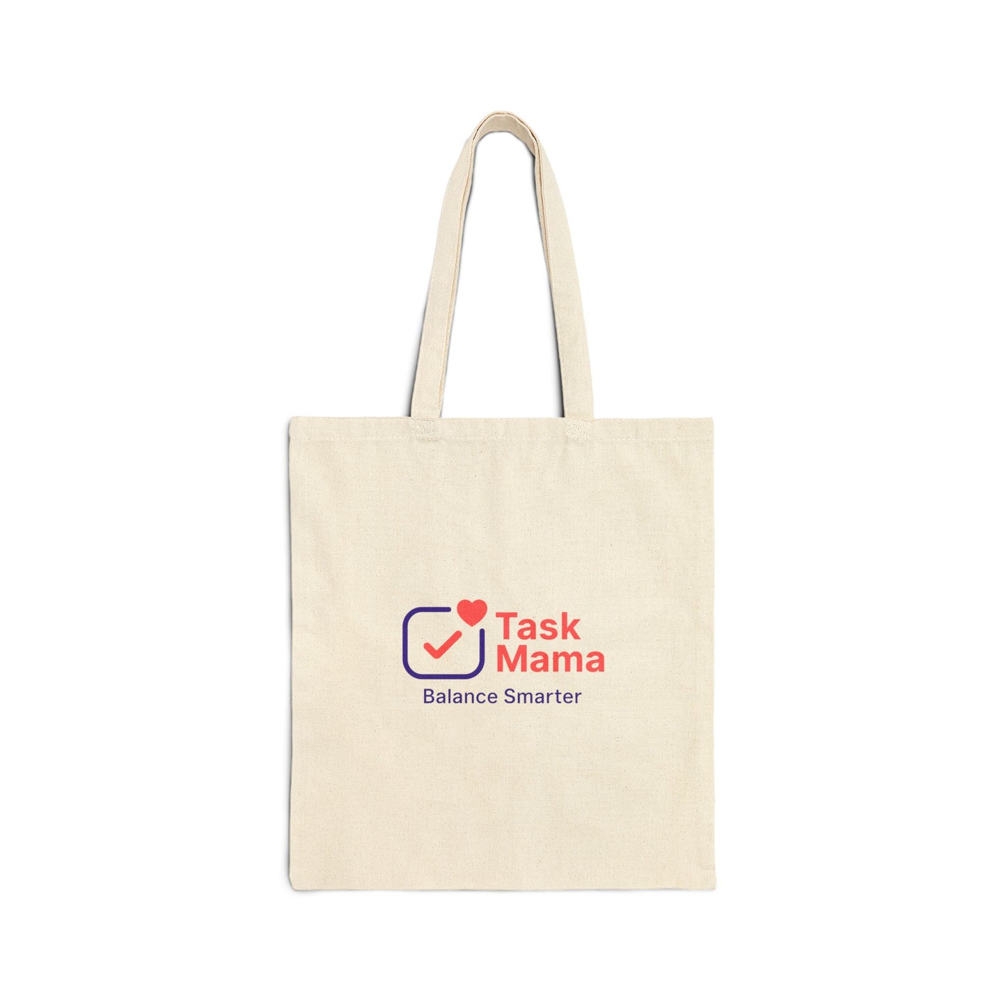Beige tote bag with 'Task Mama' logo on a white background