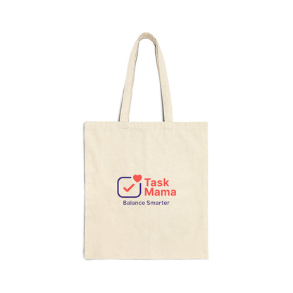 Beige tote bag with 'Task Mama' logo on a white background