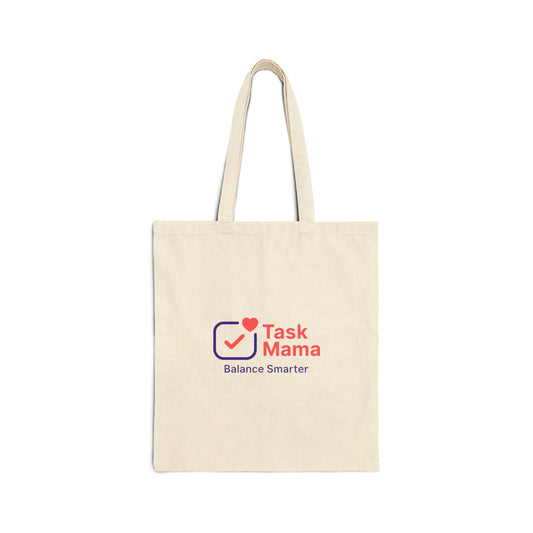 Beige tote bag with 'Task Mama' logo on a white background