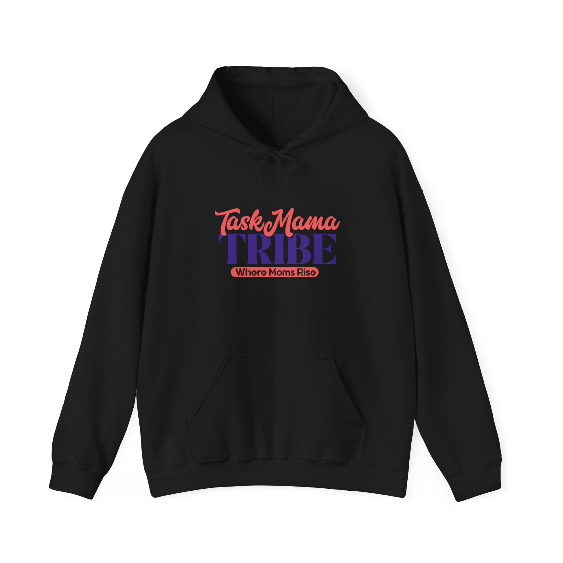 Black hoodie with 'Task Mama Tribe' text on a white background