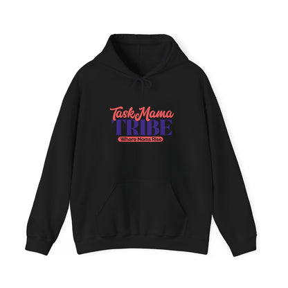 Black hoodie with 'Task Mama Tribe' text on a white background