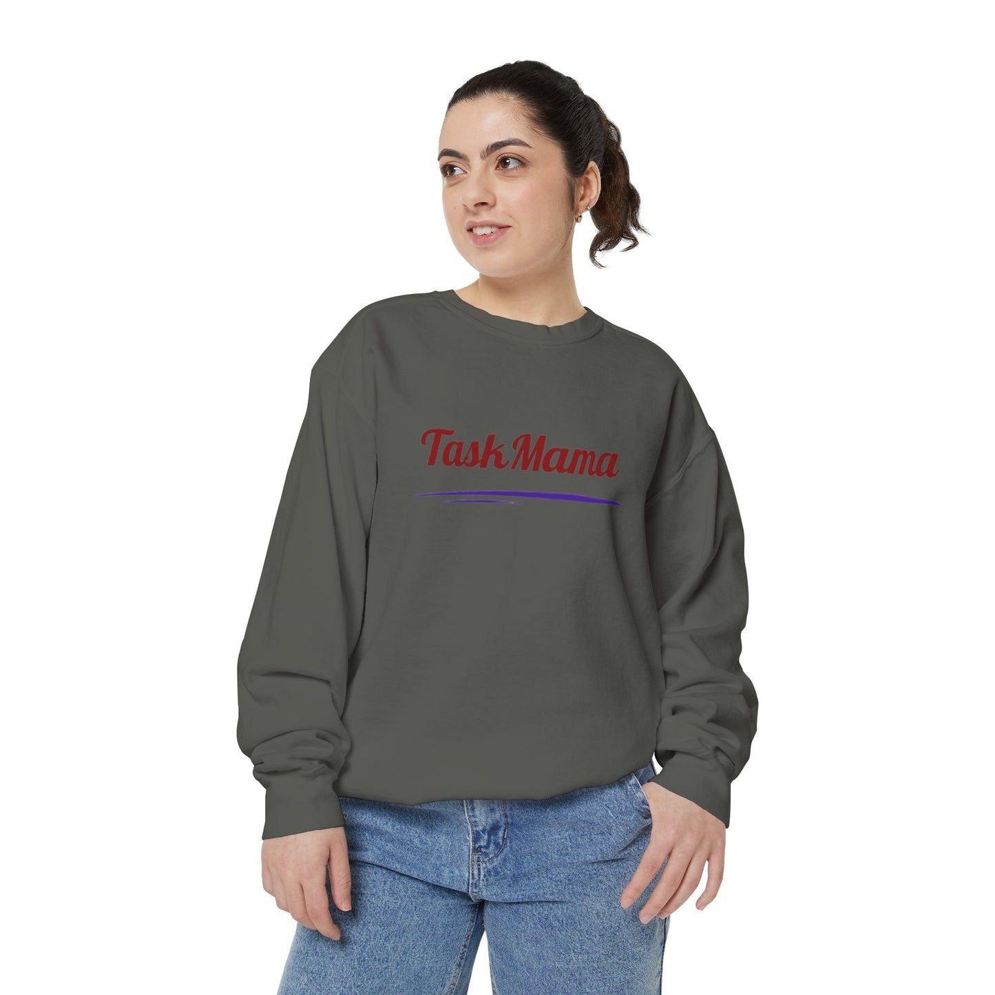 Woman wearing a gray sweatshirt with 'Tash Mama' text on a white background