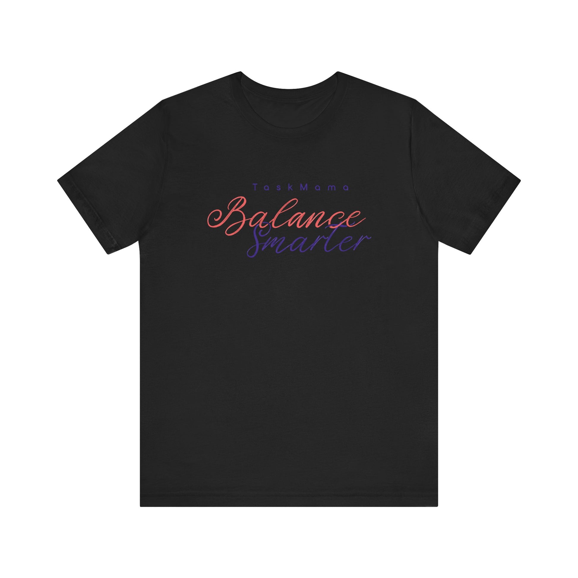 Black t-shirt with colorful text design on a white background