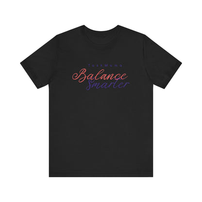 Black t-shirt with colorful text design on a white background