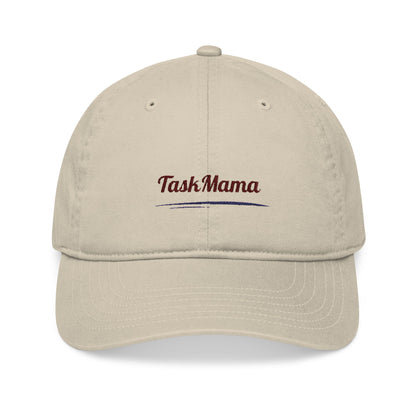 Beige cap with 'Task Mama' text on a white background