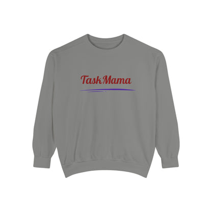 Gray sweatshirt with 'Task Mama' text on a white background
