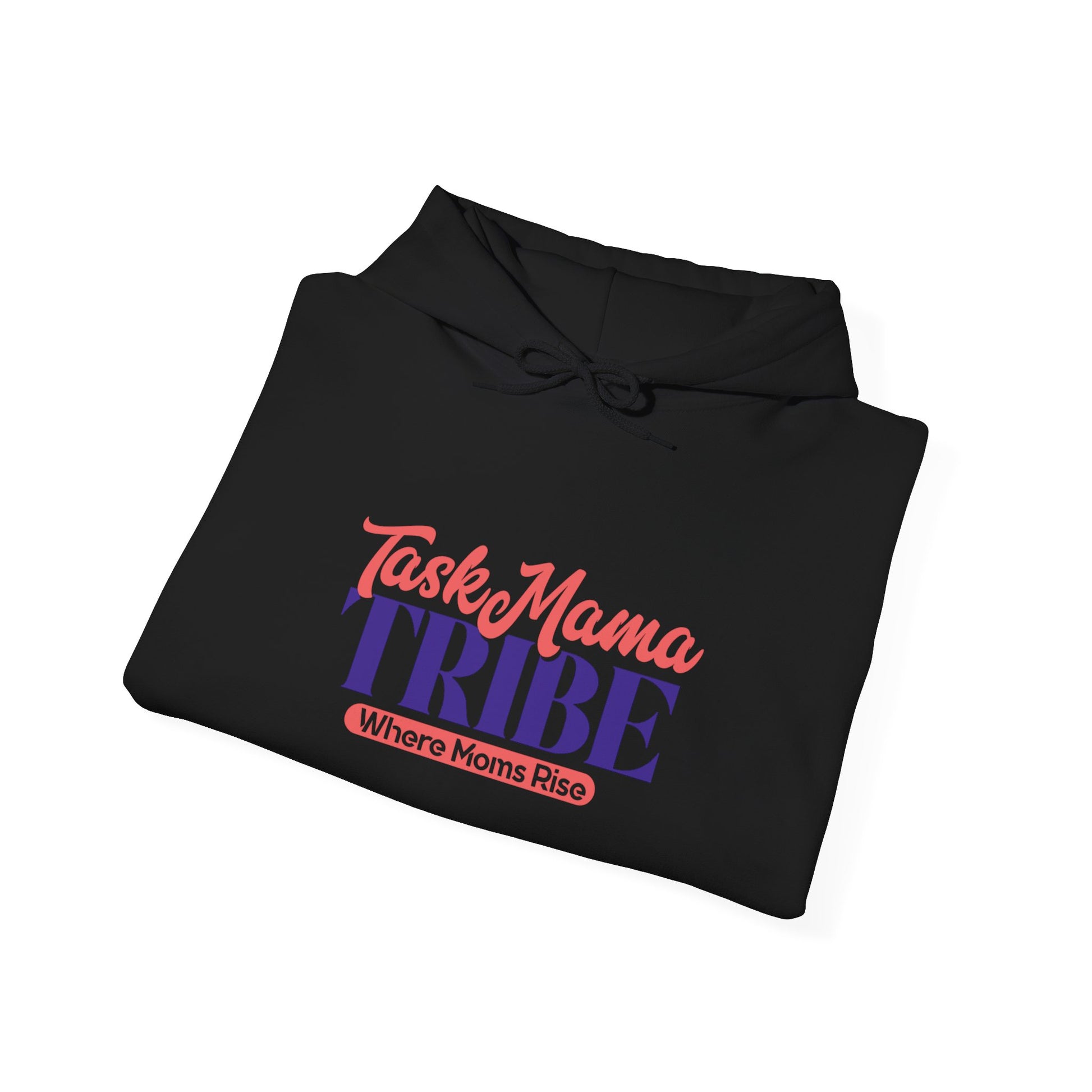 Black hoodie with 'Task Mama Tribe' text on a white background