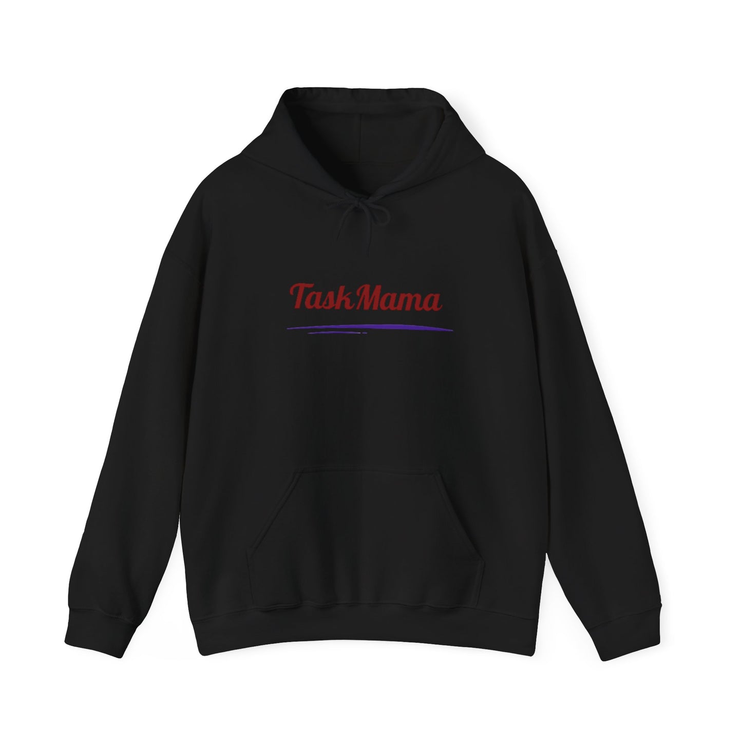 Black hoodie with 'TaskMama' text on a white background
