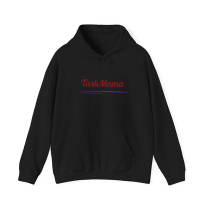 Black hoodie with 'TaskMama' text on a white background