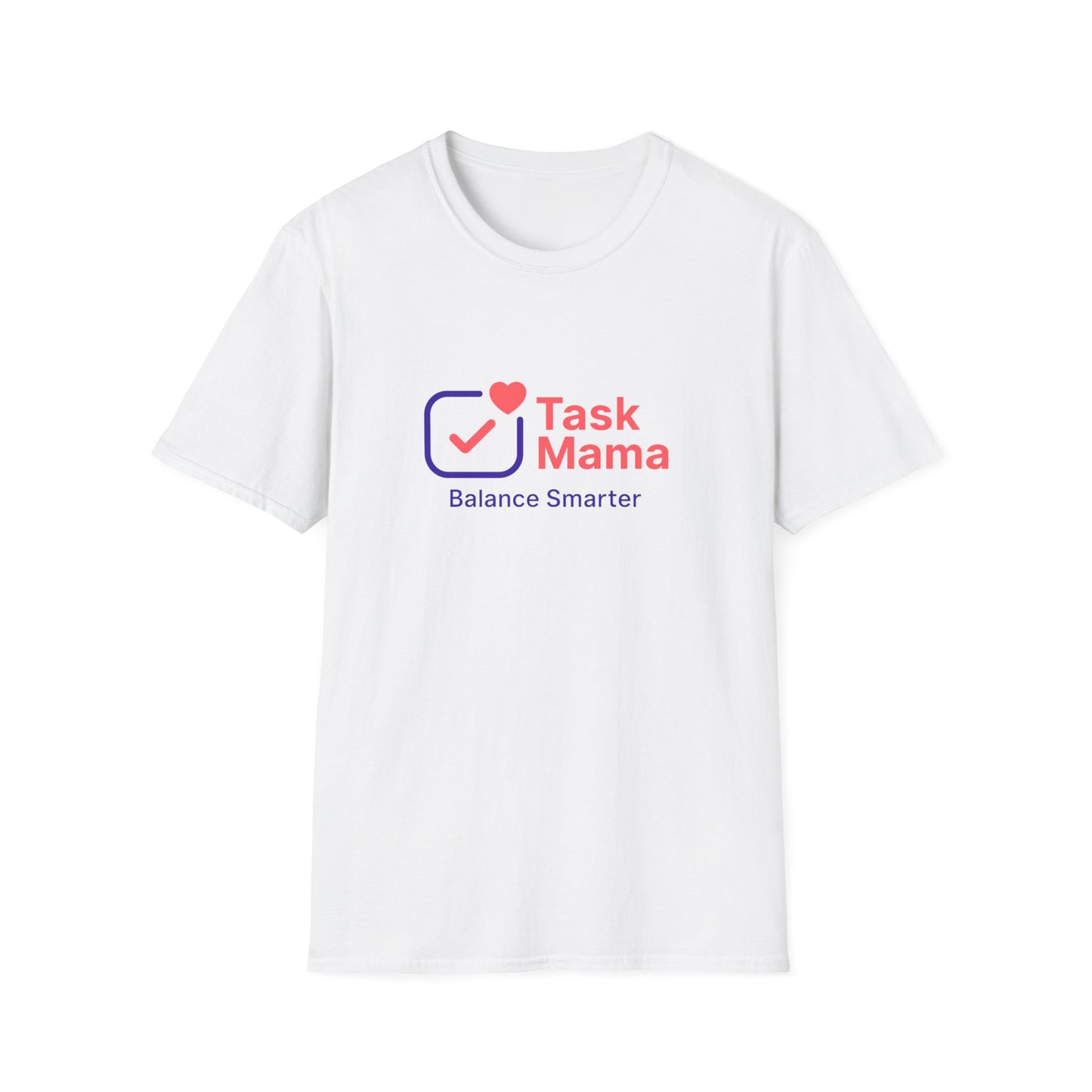 White t-shirt with 'Task Mama' logo and text on a white background
