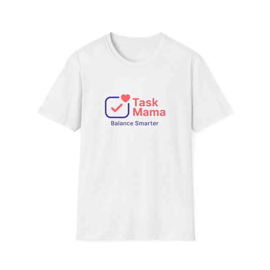 White t-shirt with 'Task Mama' logo and text on a white background