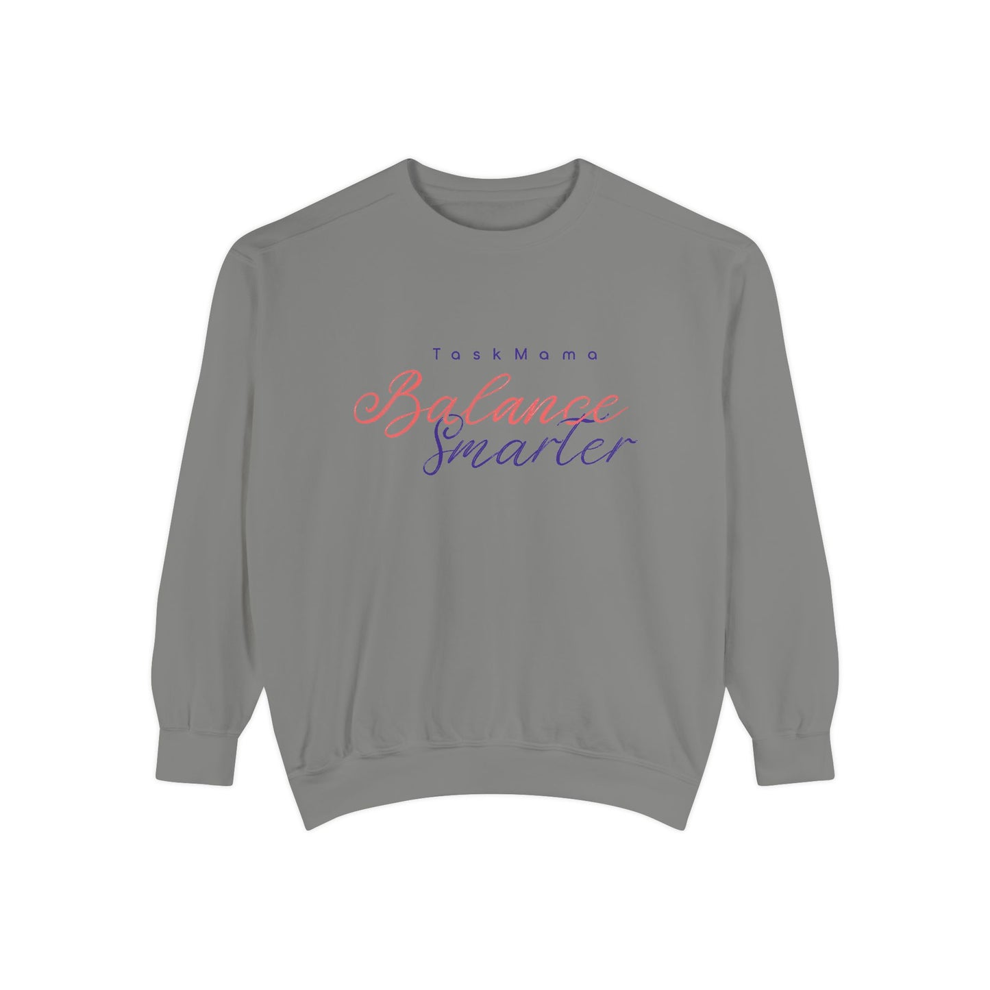 Gray sweatshirt with colorful text on a white background