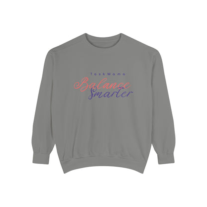 Gray sweatshirt with colorful text on a white background