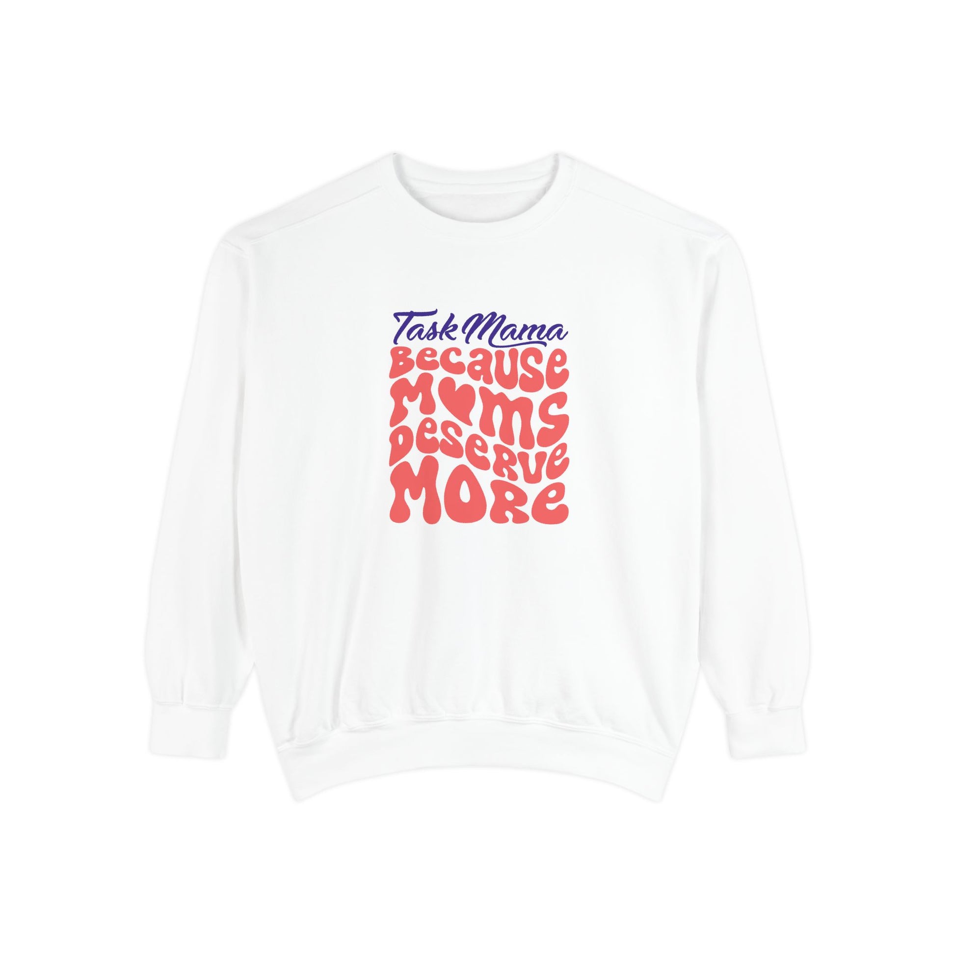 White sweatshirt with colorful text on a white background