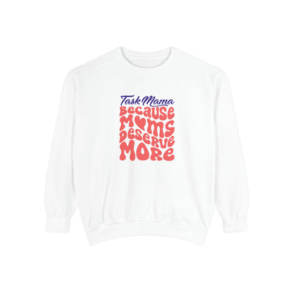 White sweatshirt with colorful text on a white background