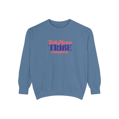Blue sweatshirt with 'Task Mama TRIBE' text on a white background