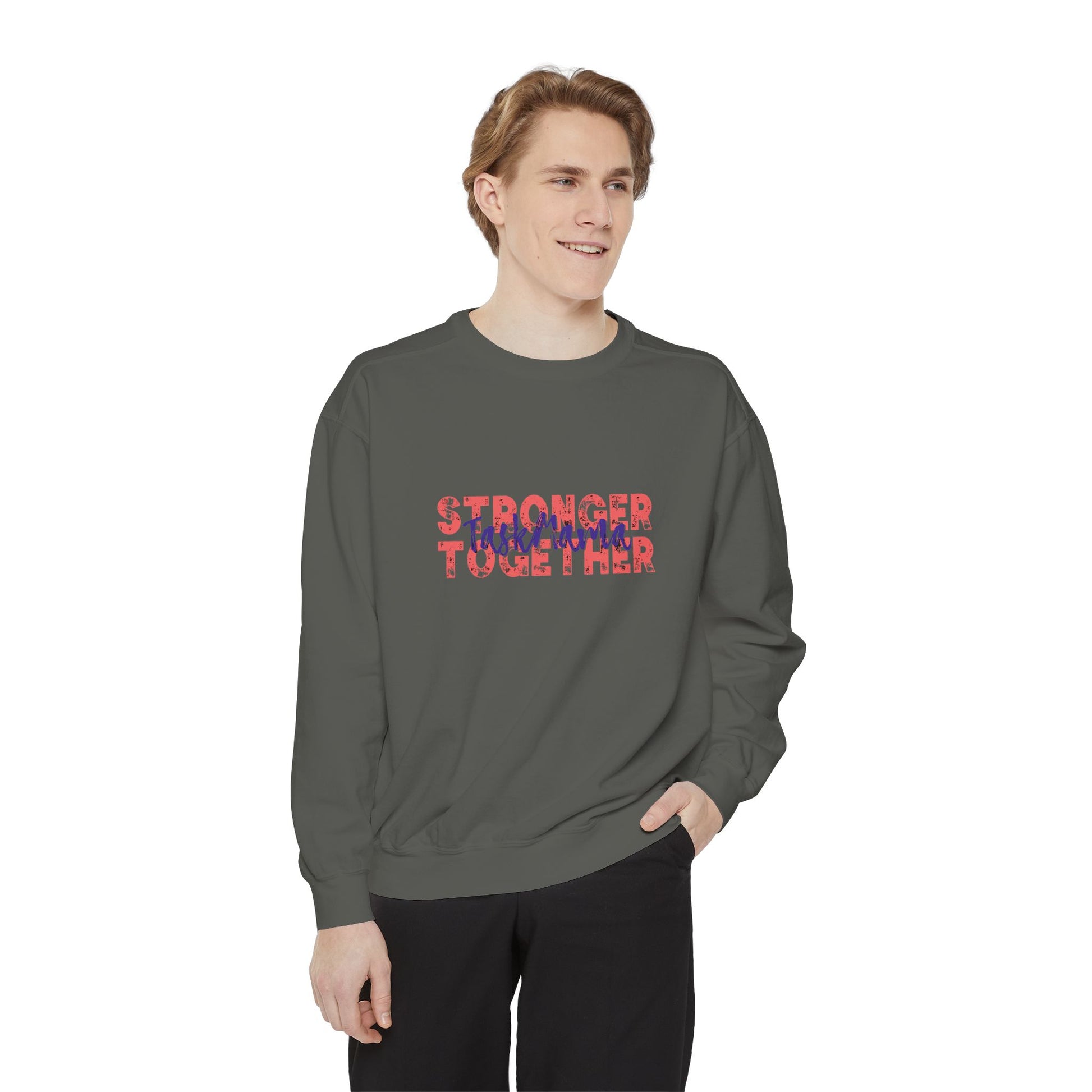 Person wearing a gray sweatshirt with 'Stronger Together' text on a white background