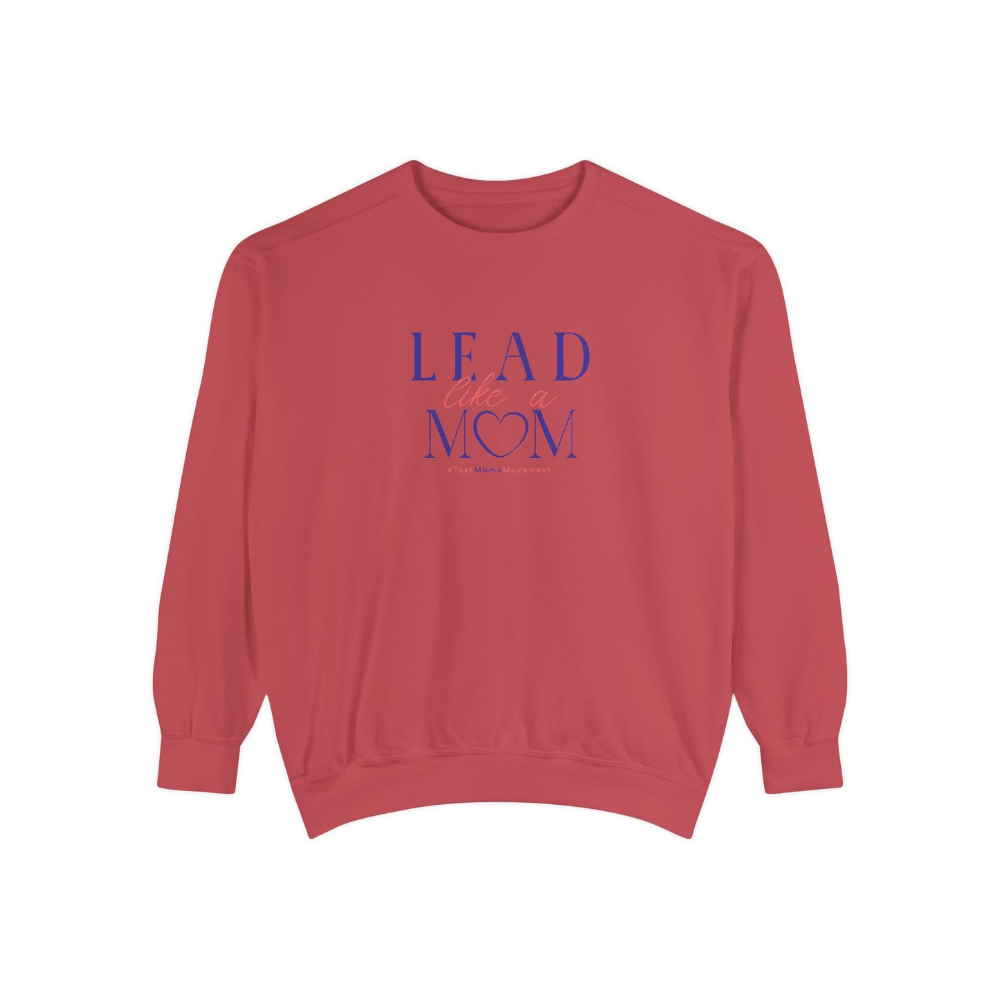 Red sweatshirt with blue text on a white background