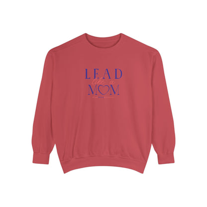 Red sweatshirt with blue text on a white background