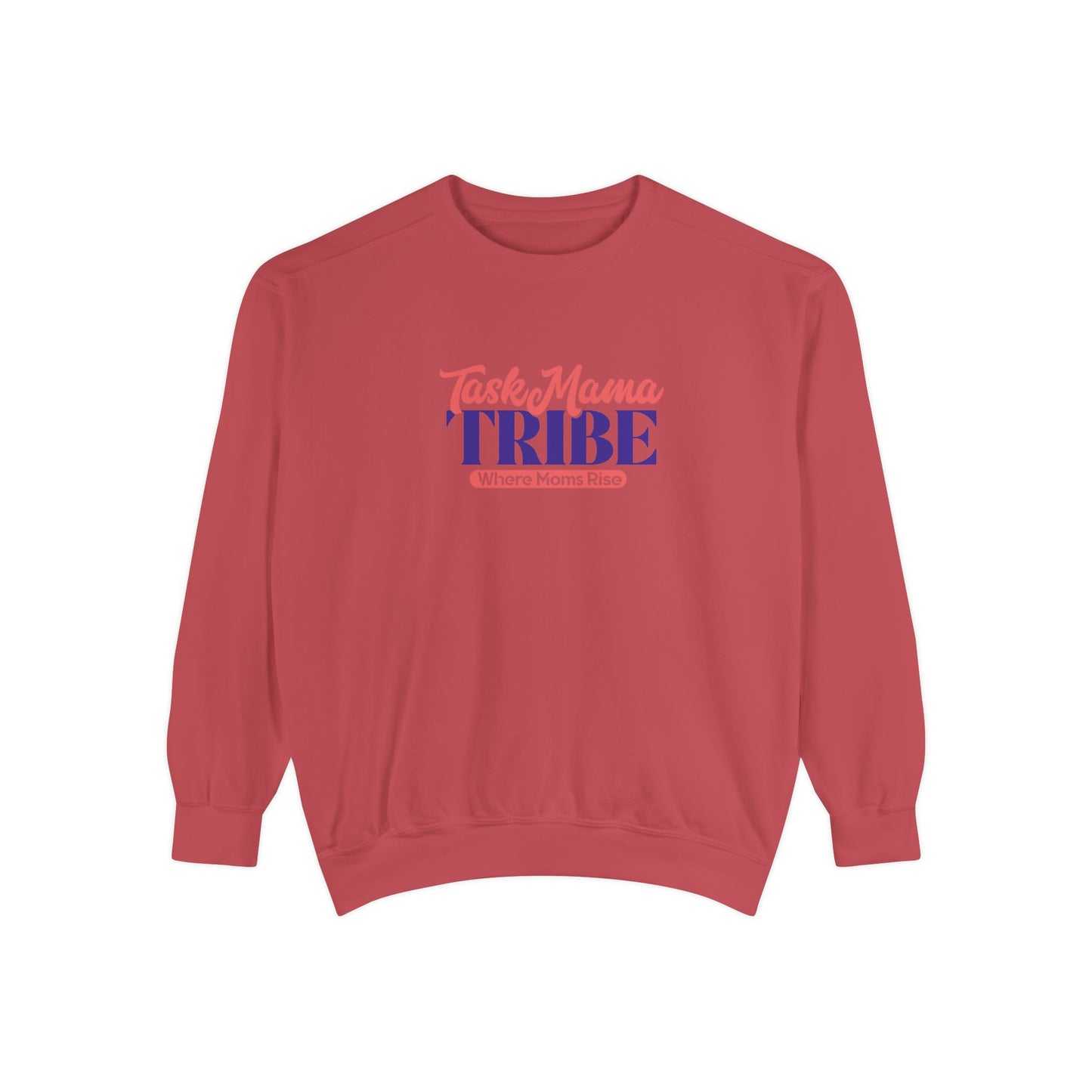Red sweatshirt with 'Task Mama TRIBE' text on a white background