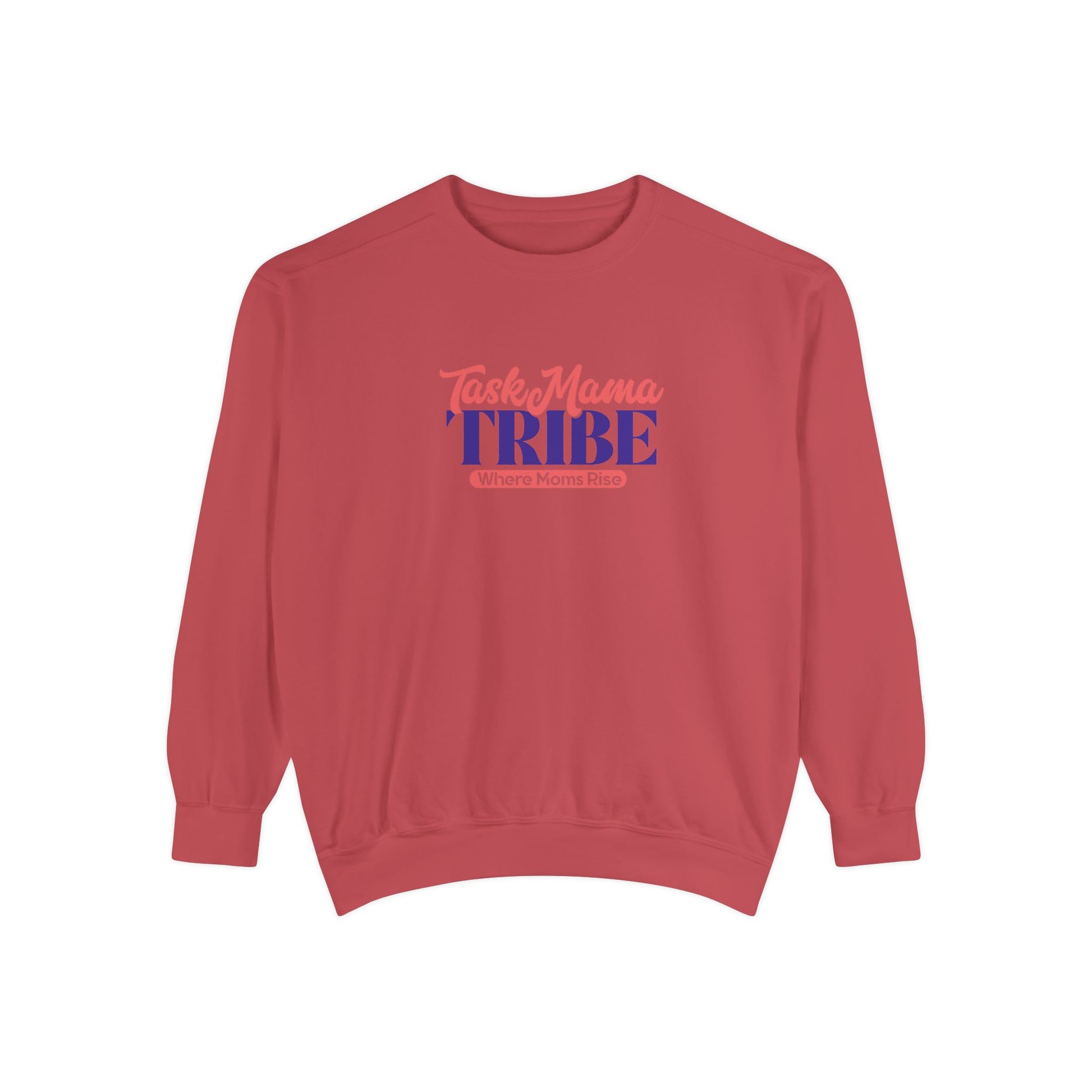 Red sweatshirt with 'Task Mama TRIBE' text on a white background