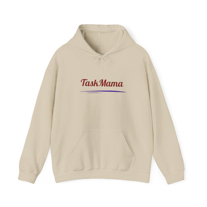 Beige hoodie with 'Task Mama' text on a white background