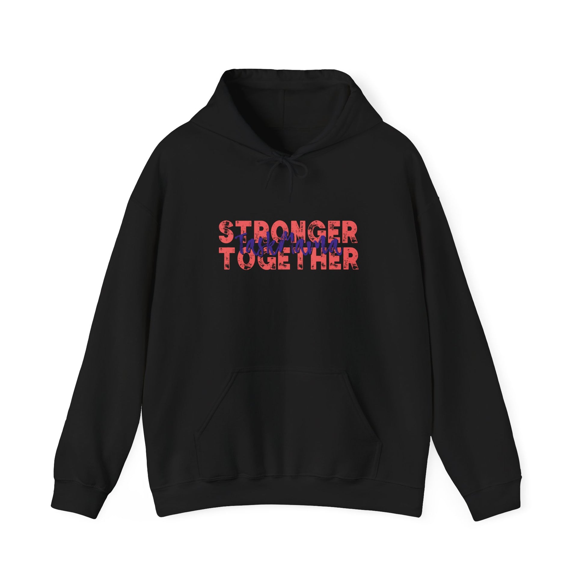 Black hoodie with 'Stronger Together' text on a white background