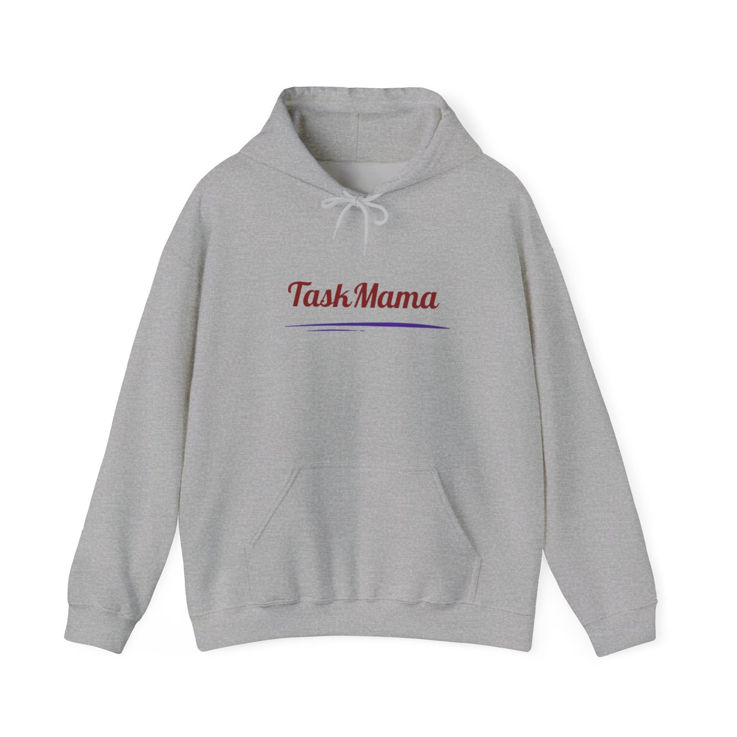 Gray hoodie with 'Task Mama' text on a white background