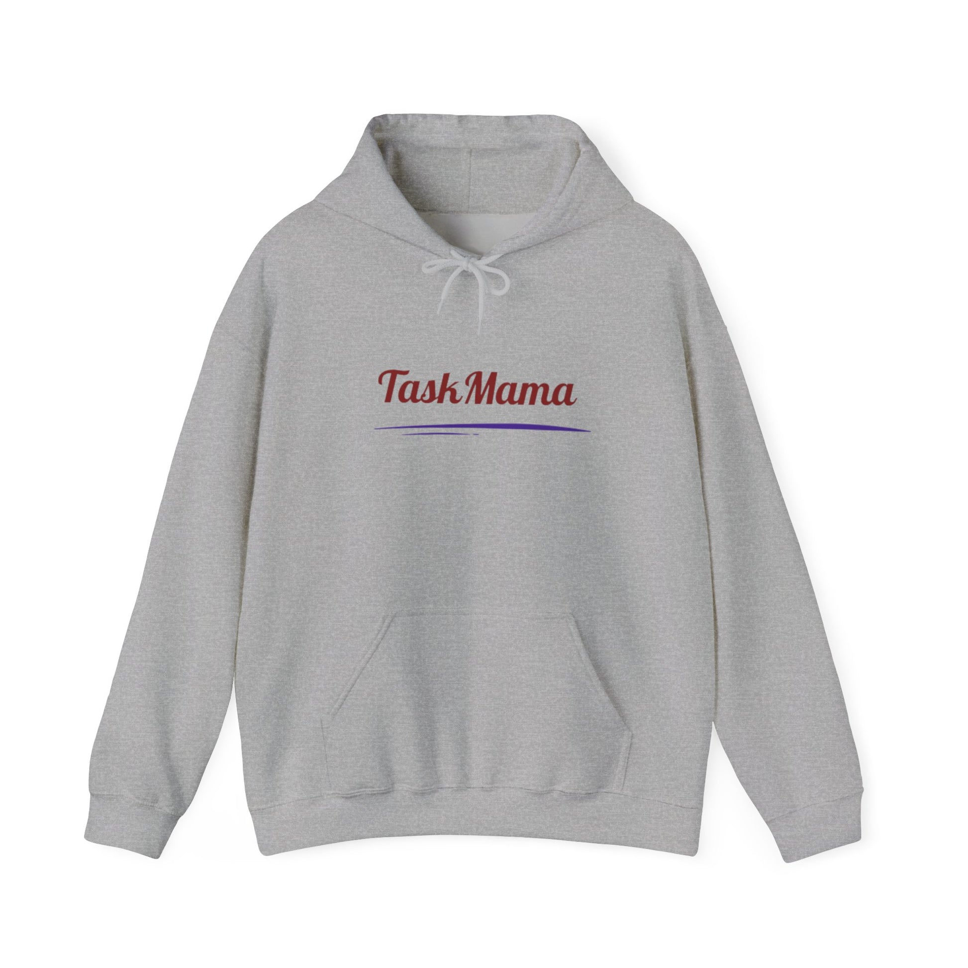 Gray hoodie with 'Task Mama' text on a white background