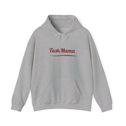 Gray hoodie with 'Task Mama' text on a white background