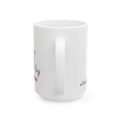 White mug with text on a white background