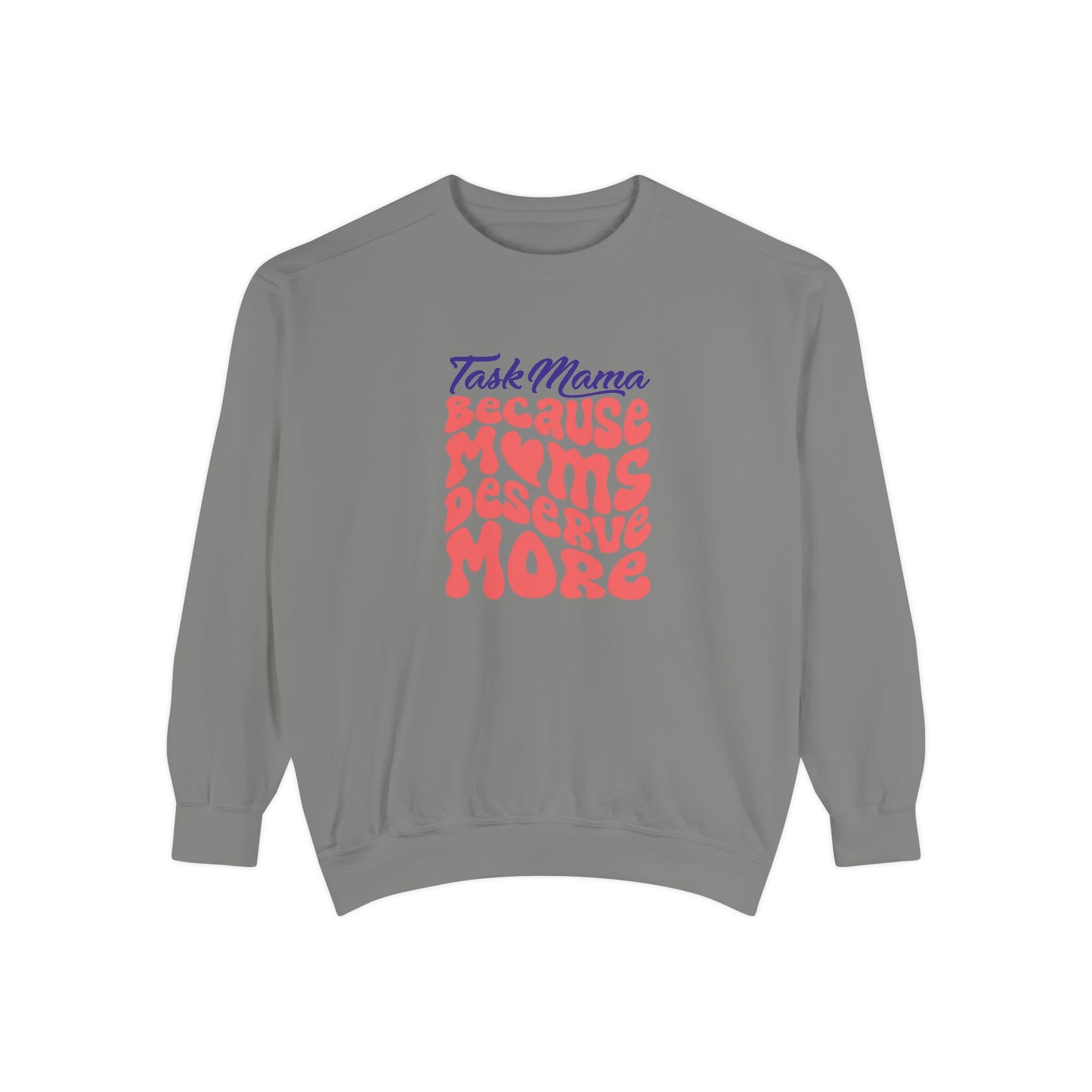 Gray sweatshirt with colorful text design on a white background