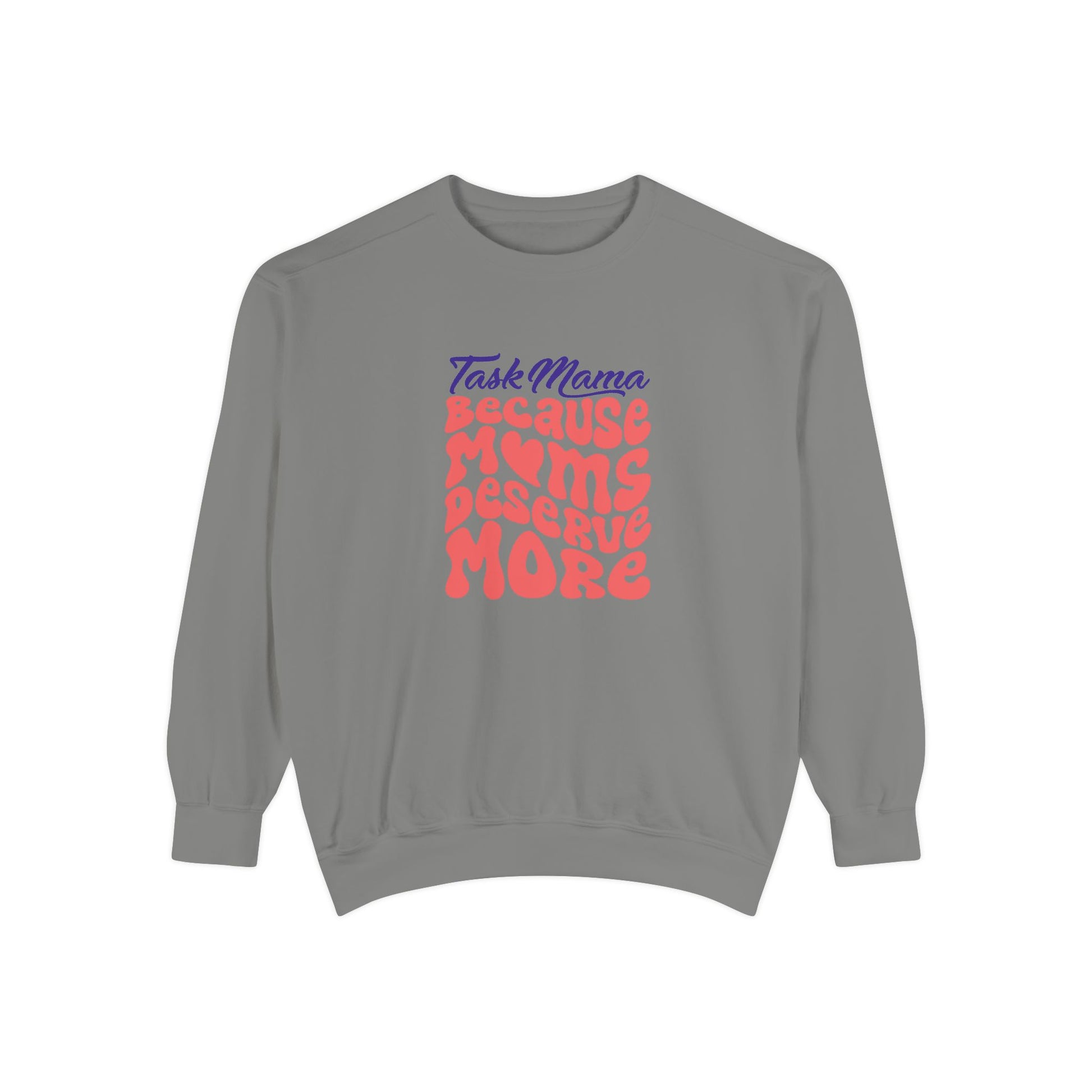 Gray sweatshirt with colorful text design on a white background