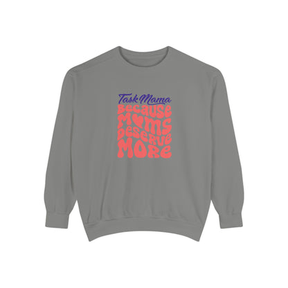Gray sweatshirt with colorful text design on a white background