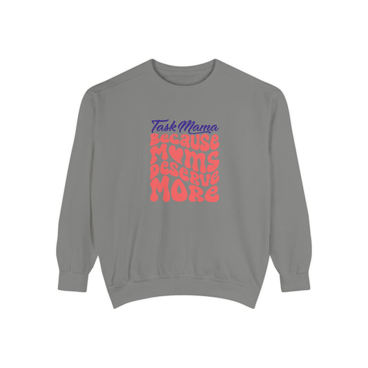 Gray sweatshirt with colorful text design on a white background