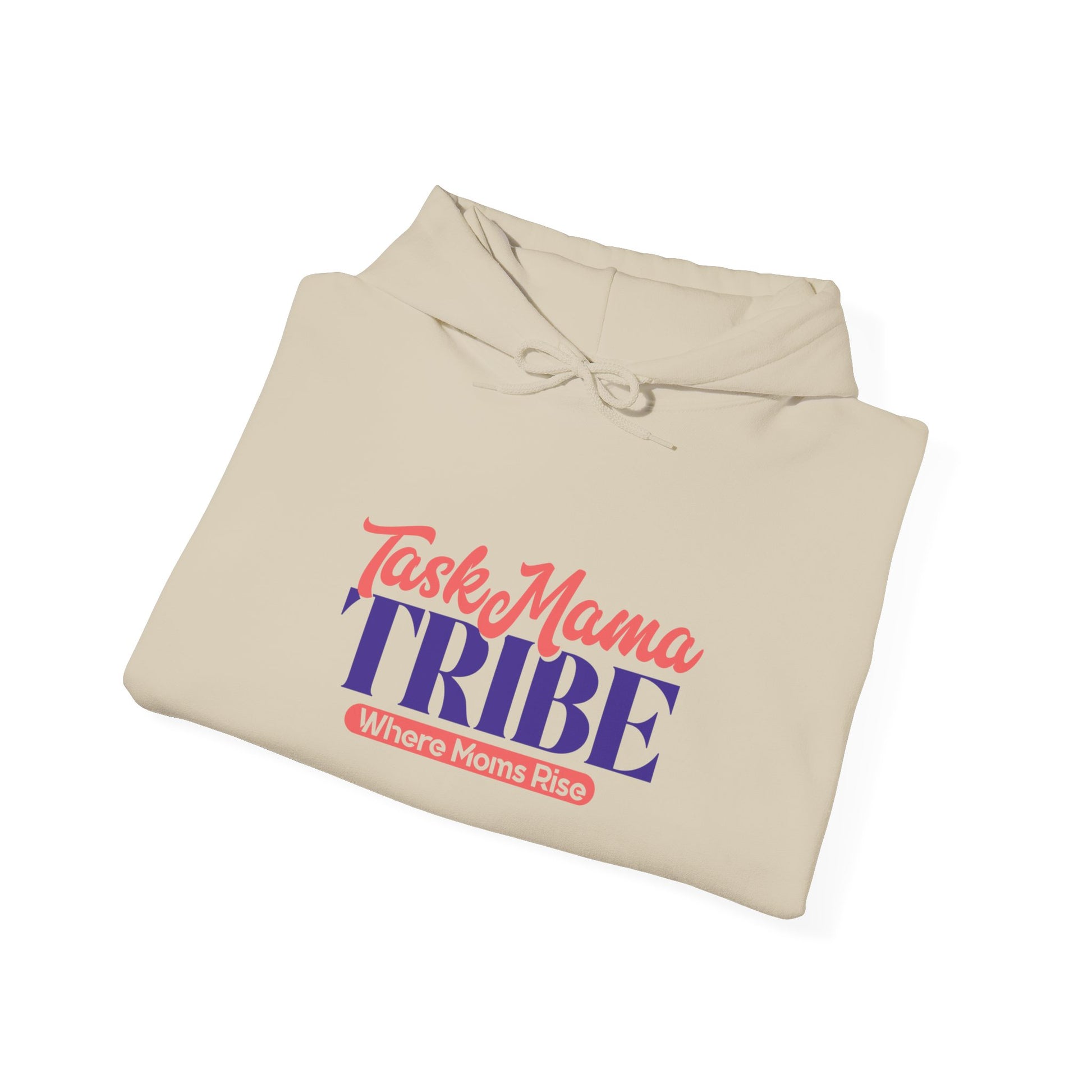 Beige hoodie with 'Taske Mama TRIBE' text on a white background