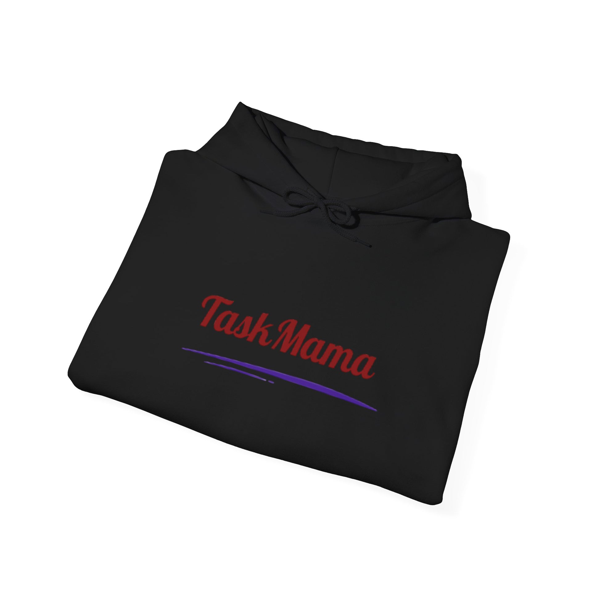 Black hoodie with 'Task Mama' text on a white background