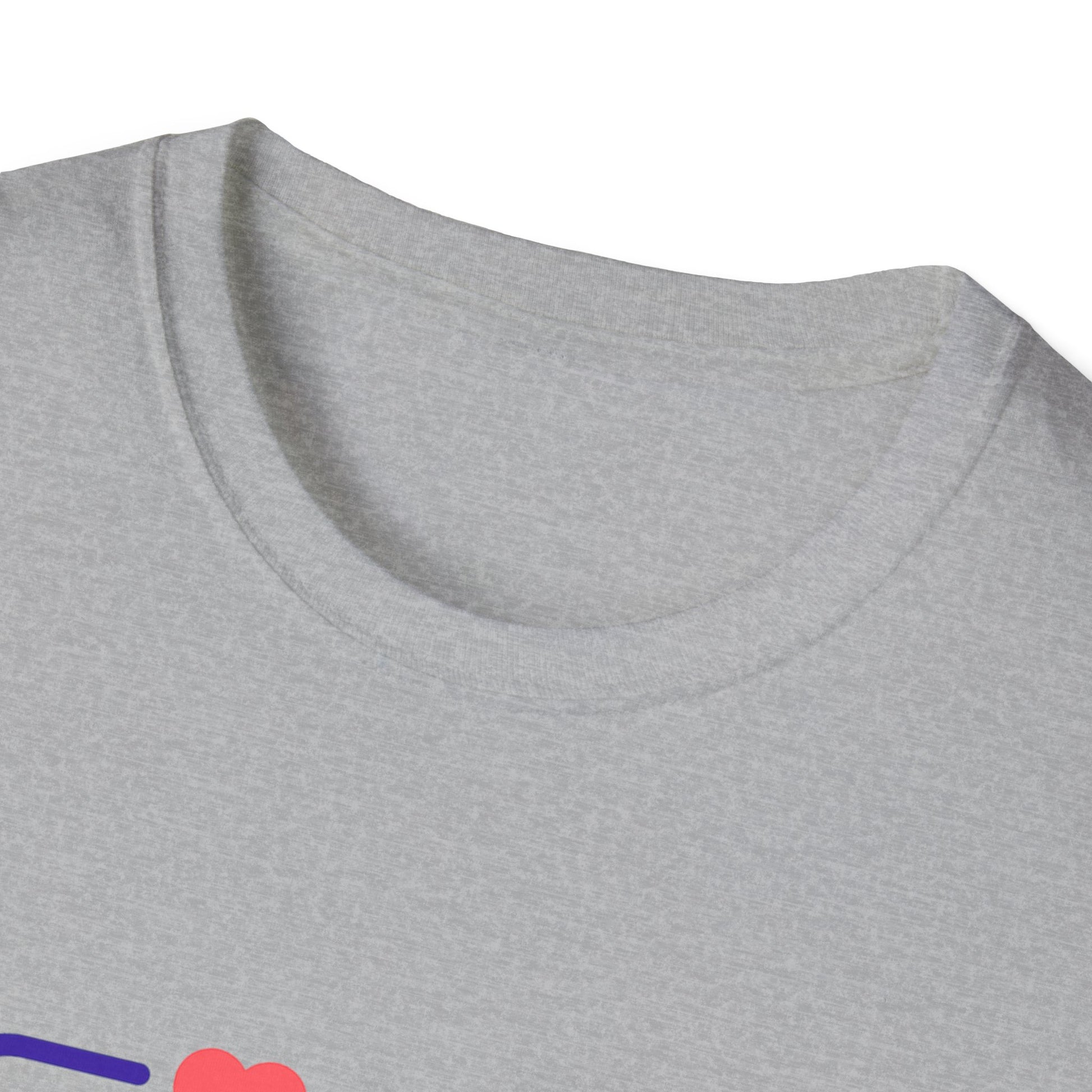 Gray t-shirt collar with colorful logo on a white background