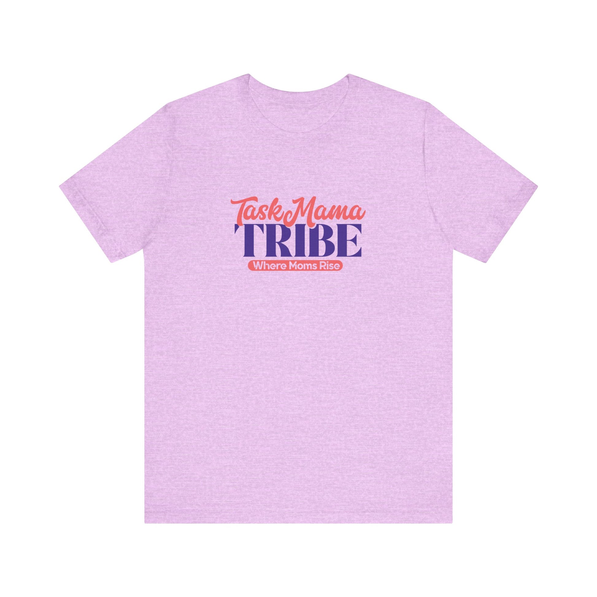 Purple t-shirt with 'Task Mama TRIBE' text on a white background