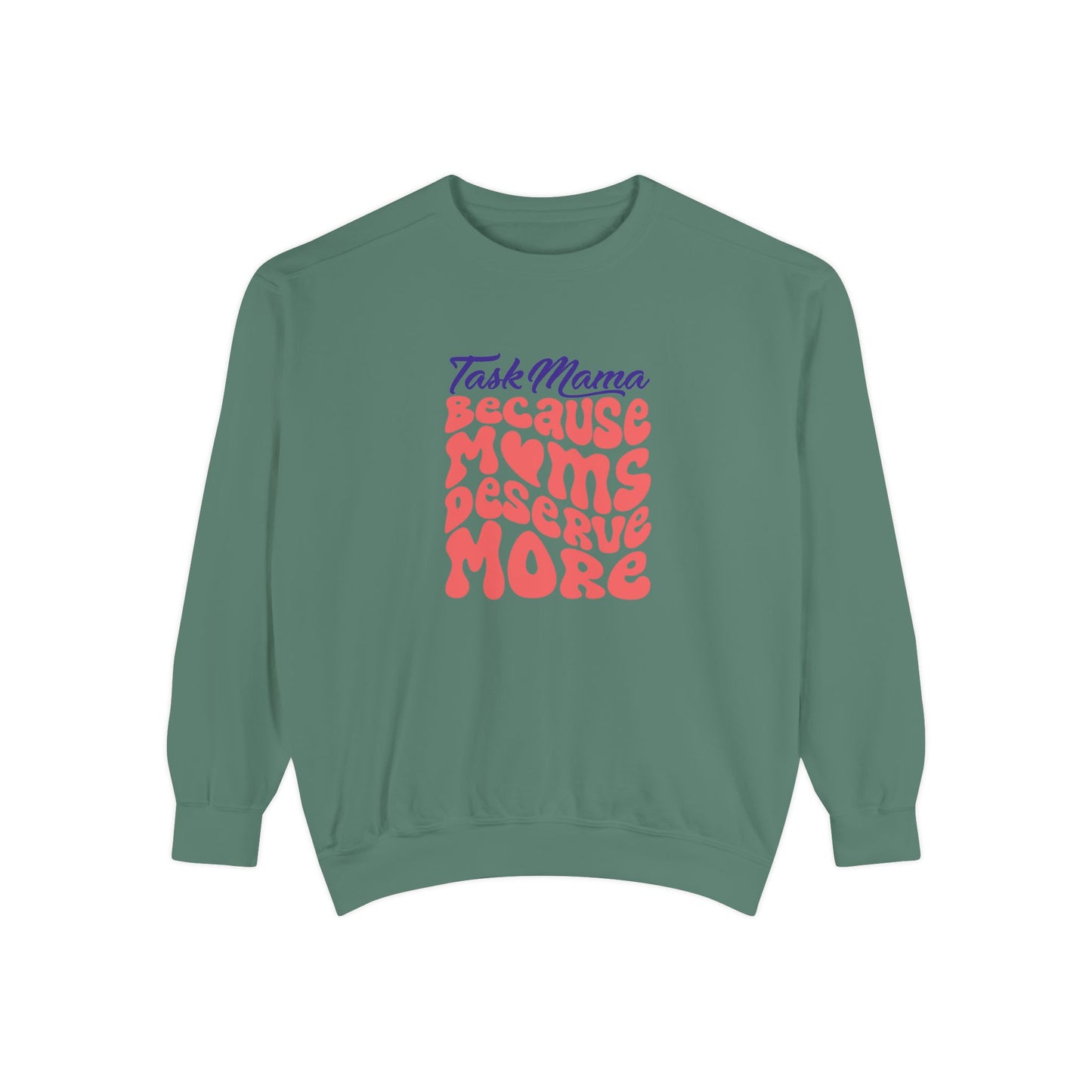 Green sweatshirt with colorful text on a white background