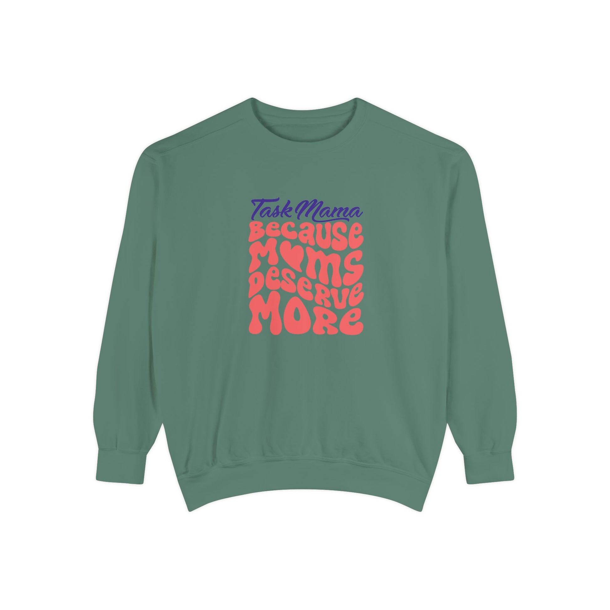 Green sweatshirt with colorful text on a white background
